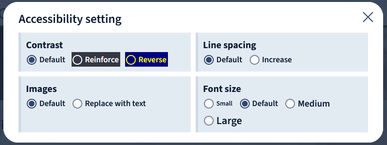 Screenshot of an accessibility open accessibility menu on a website. It offers four settings: enhanced contrast, images replaced by text, increased line spacing, and font size.