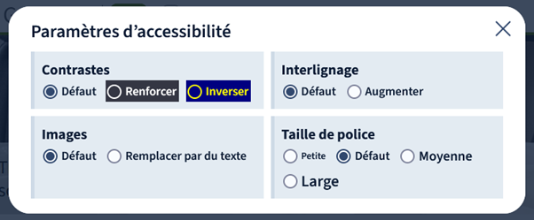 Capture d'écran d'un menu accessibilité ouvert sur un site. Celui-ci propose quatre réglages : les contrastes renforcés, les images remplacées par du texte, l'interlignage augmenté et la taille de police