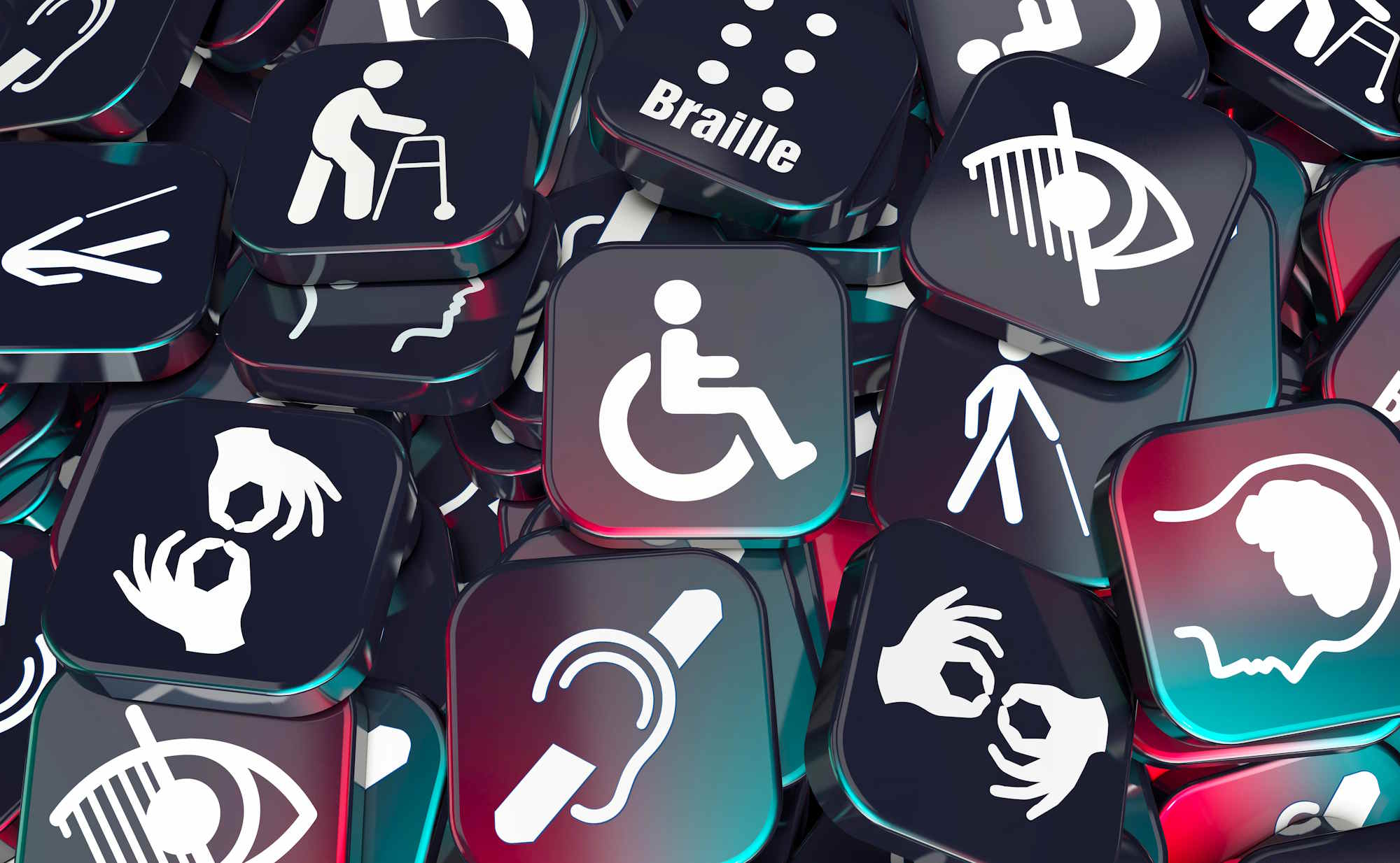 Assemblage graphique de divers symboles liés à l'accessibilité, langue des signes, malvoyance, non-voyance, handicap cognitif, etc.