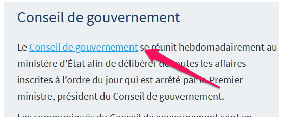 screenshot du lien "conseil de gouvernement"